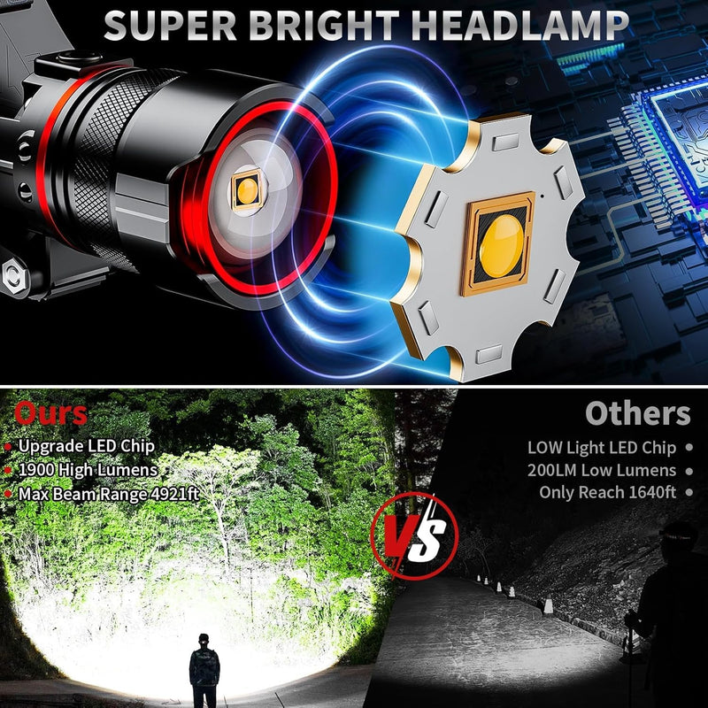 Rechargeable LED Headlamp 99000 High Lumens, Super Bright with 12 Modes & IPX7 Level Waterproof USB Rechargeable Zoom Headlamp, 125° Adjustable for Outdoor Camping, Running, Cycling, Climbing, Home