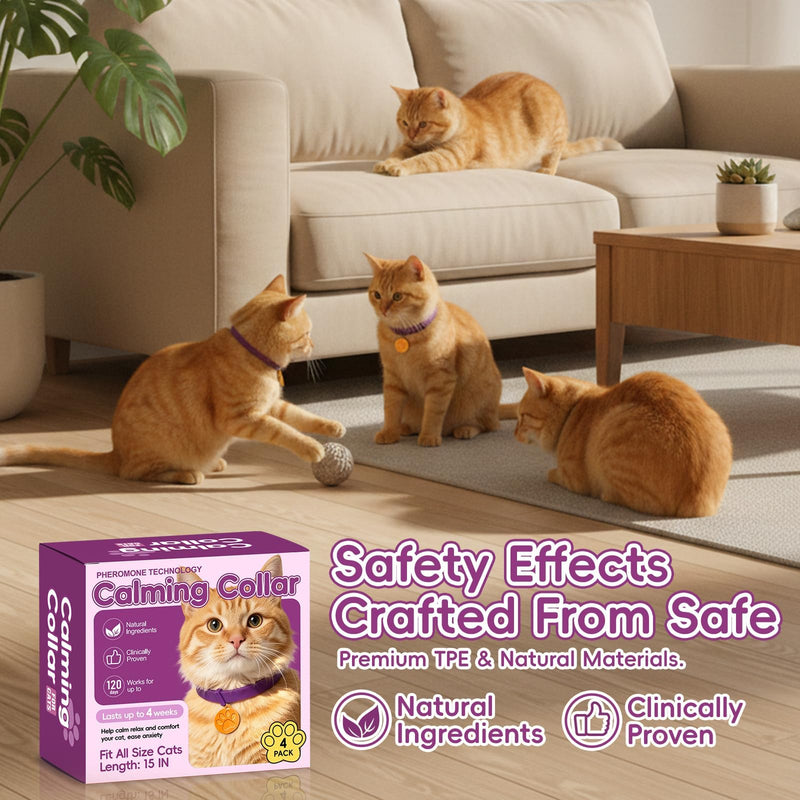 Calming Collar for Cats, 4 Packs Adjustable Calming Cat Collar with Pheromone Scent, with Yellow Gold Pendants, 120 Days Calm Relief for Anxious Cats, 15 Inch, Purple