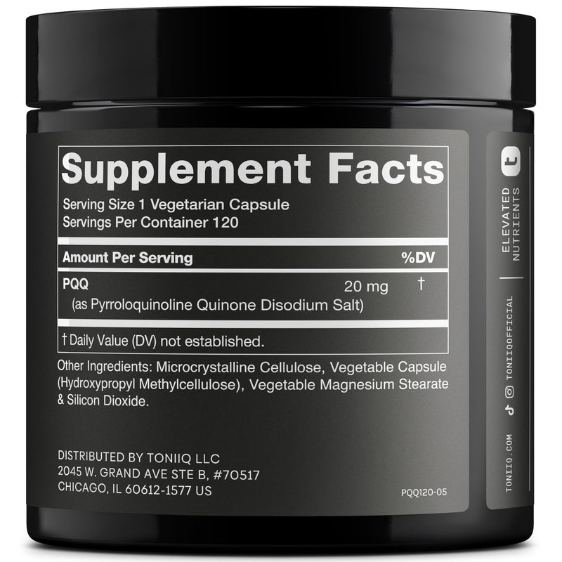 Toniiq 99%+ 20mg Supplement – Ultra High Purity PQQ 20mg | Concentrated Formula - PQQ 20 mg 120 Capsules - Pyrroloquinoline Quinone Supplement - 1 Capsule Serving - Vegetarian Capsules