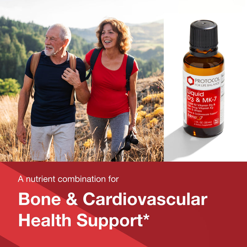 PROTOCOL FOR LIFE BALANCE Liquid D3 & MK-7, Bone Health*, 1 fl oz | 5 Drops for Bone and Heart Health Support*, 100 mcg Vitamin K2, Free of Dairy, and Soy
