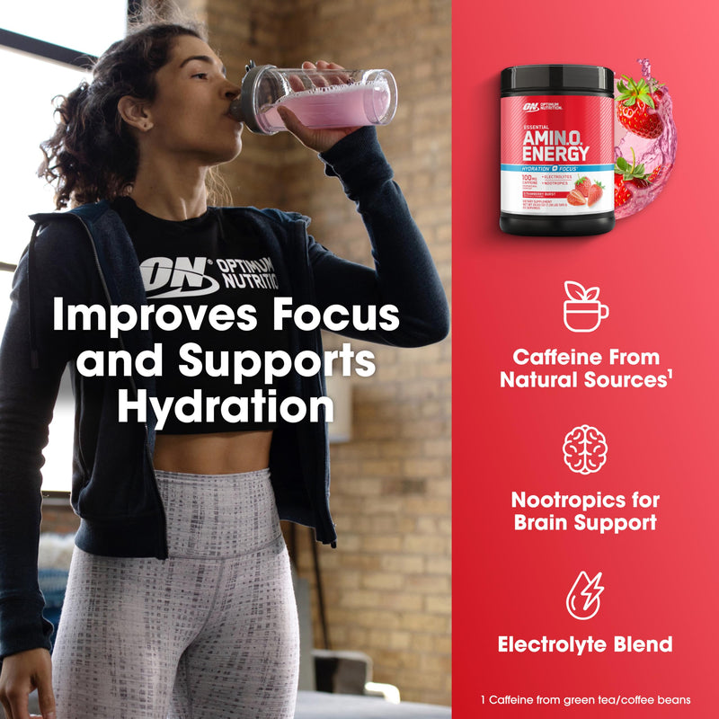Optimum Nutrition Amino Energy Powder Plus Focus, with BCAA, Electrolytes, and Caffeine, Strawberry Burst, 65 Servings (Packaging May Vary) | Contains BCAAs, Electrolytes, 100 mg Caffeine, 5g Amino Acids, Zero Sugar, Supports Hydration, Banned Substanc...