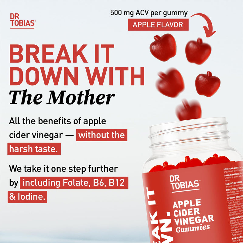 Dr. Tobias Apple Cider Vinegar Gummies with The Mother 60 Count | Digestive & Daily Wellness Support | 500 mg ACV | Folate + B6 + B12 + Iodine | Vegan | 30 Servings 60 Count (Pack of 1)