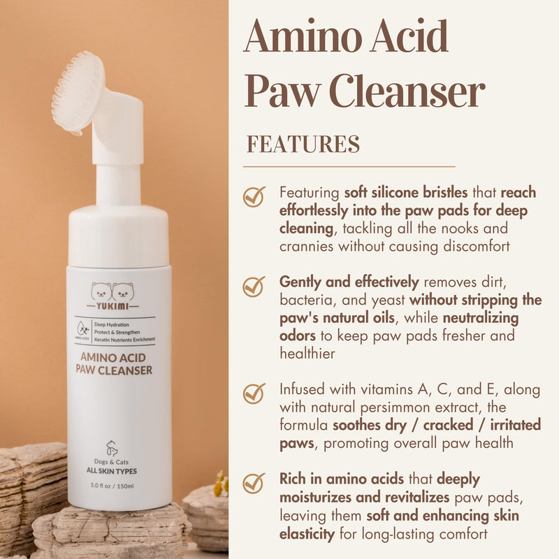 YUKIMI Premium Amino Acid Paw Cleanser with Silicone Bristle Brush for Dogs & Cats | Dermatologist Certified Hypoallergenic | Hydrating, Soothing, Deodorizing, Moisturizing | pH Balanced - 5.0 Fl Oz Egg-Shaped Brush - BeesActive Australia