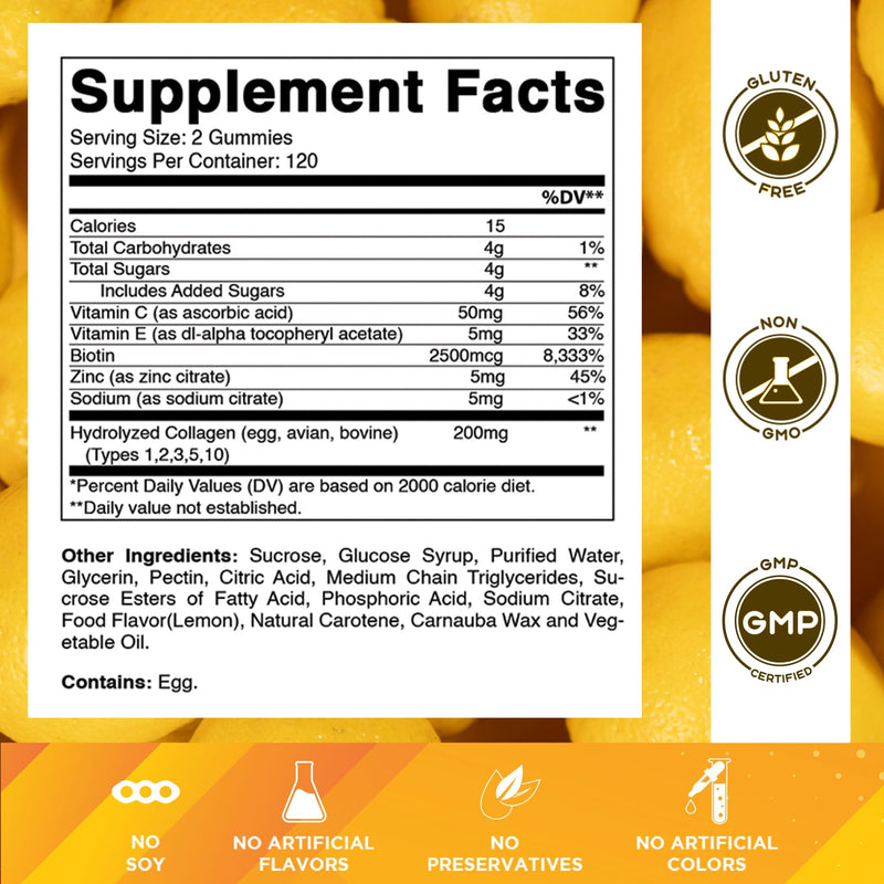 Vitamatic Hydrolyzed Collagen Gummies with Vitamin C, Zinc and Biotin, 200 mg - Healthy Skin Support - 240 Gummies