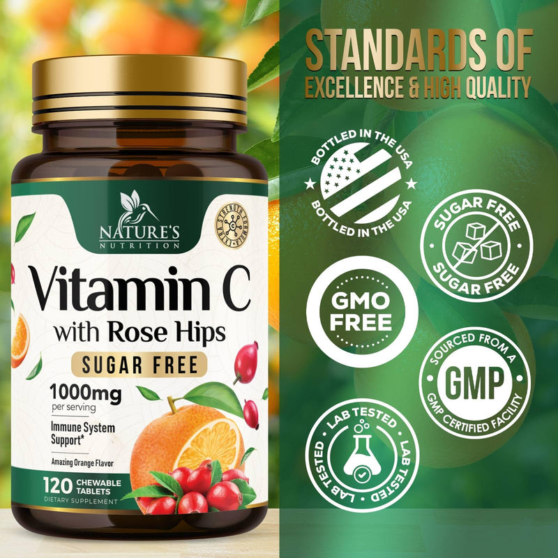 Vitamin C 1000mg Chewable - Sugar Free, Natural Immune Support Supplement with Vitamin C & Rose Hips Bioflavonoids - Extra Strength Antioxidant, Powerful Vit C Chews, Tasty Orange Flavor, 120 Tablets 120 Count (Pack of 1)