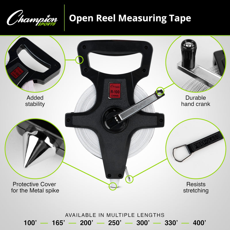 Champion Sports Open Reel Measuring Tapes – Durable Hand Crank with Metal Spike, Dual-Sided Feet & Meters, Perfect for Track & Field and Long Jump, 200 Feet/60 Meters 60 m