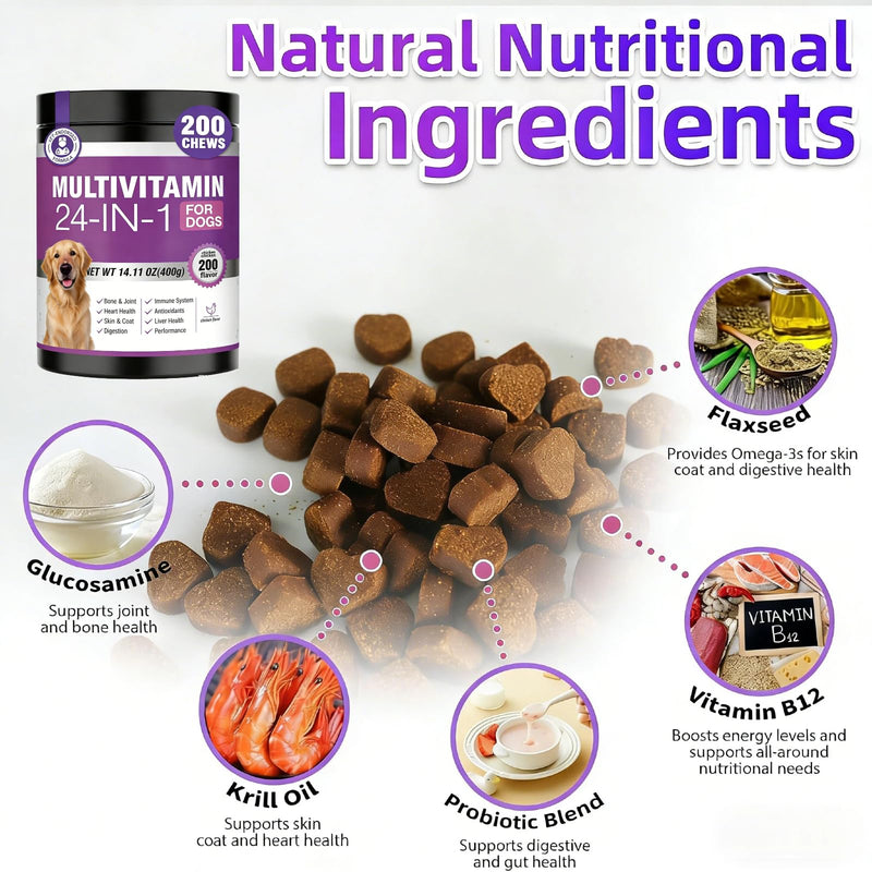 SALAN 24-in-1 Dog Multivitamin Soft Chews, 200 Count, with Glucosamine, Probiotics & Omega 3, Chicken Flavor