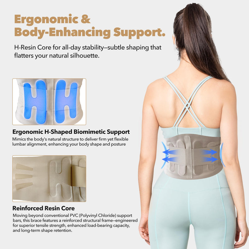 Slim Fit Lower Back Brace – Ultra-Thin Ergonomic H-Shaped Resin Support, Seamless Design for Strong & Comfortable Lumbar Support, Lightweight & Discreet Back Brace (Beige, X-Large) Beige