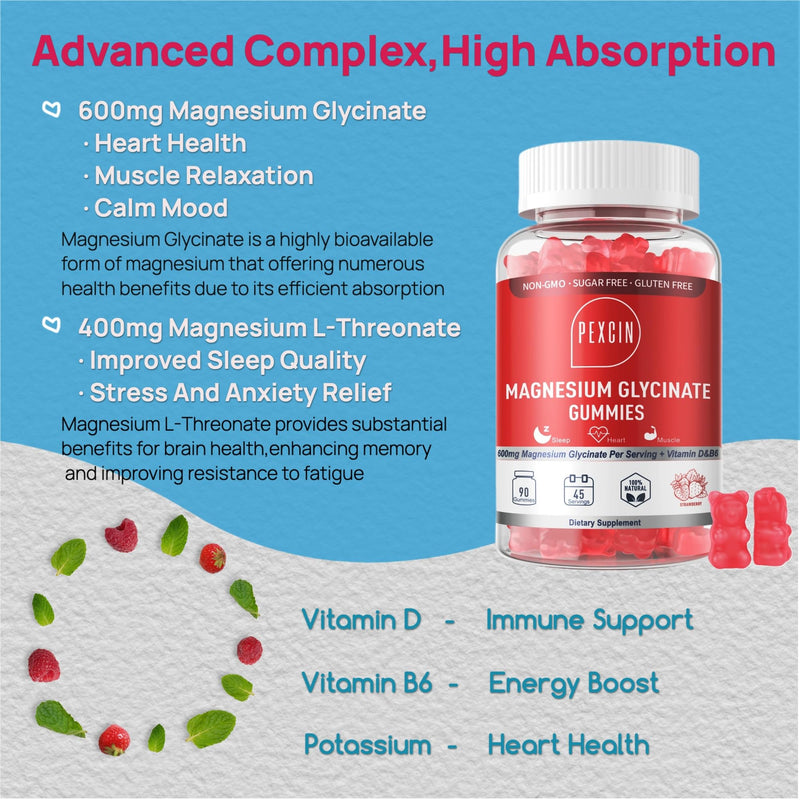 Magnesium Glycinate Gummies for Adults & Kids, 1000mg High Absorption Magnesium Complex Supplement, Sugar Free with Potassium,Vitamins for Calm, Sleep Supprt, Stress Relief, 90 Counts Strawberry 90 Count (Pack of 1)