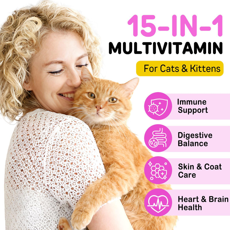 Cat Vitamins with Taurine, 15-in-1 Multivitamin Chews with Omega-3s & Prebiotics, Taurine for Immune, Heart & Joint Health, Supports Skin, Coat & Digestion, Cat Grass Treats for Cats & Kittens