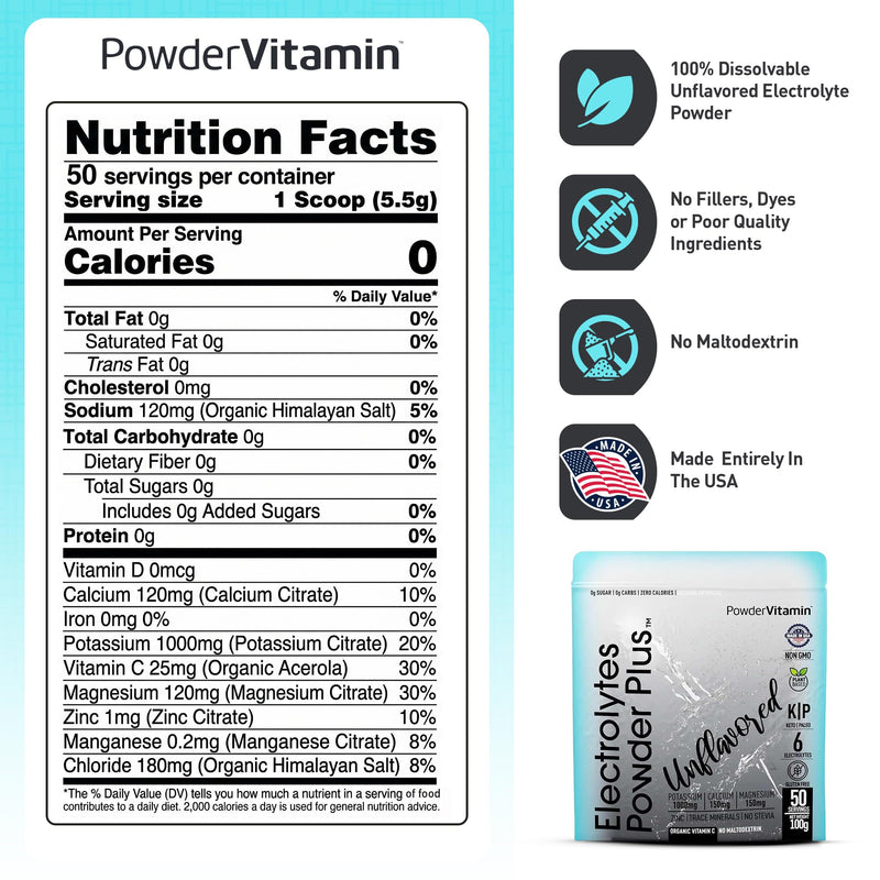 PowderVitamin Electrolytes Powder Plus - 50 Servings - Unflavored | Sugar-Free Hydration Powder, 1000mg Potassium, 120mg Magnesium, 120 mg Calcium, Himalayan Salt, Vitamin C & Zinc, USA Made 50 Servings (Pack of 1)