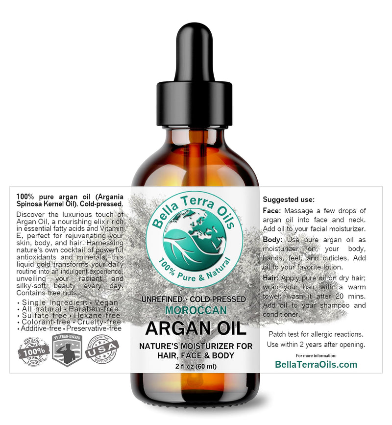 Bella Terra Oils - Argan Oil 2 oz - Cold-Pressed from Morocco, Rich in Vitamin E & Fatty Acids, Perfect Hair Oil Serum to Combat Frizz, Luxurious Face Oil 2 Fl Oz (Pack of 1)