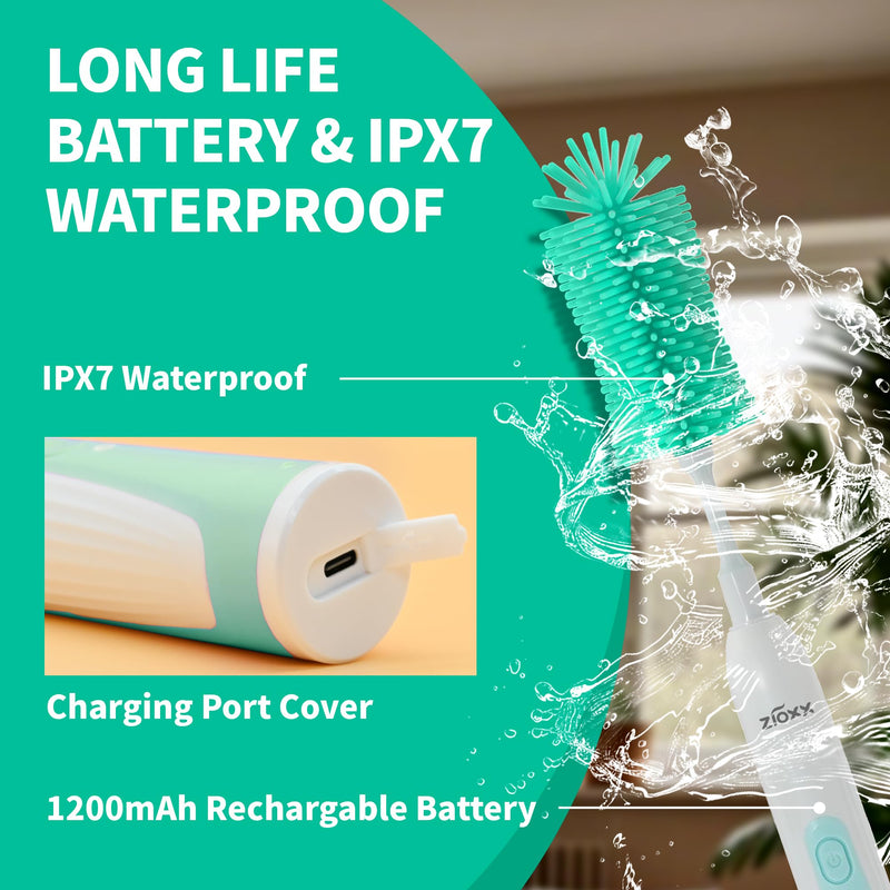 Electric Bottle Brush Cleaner, Portable Electric Baby Bottle Brush Cleaner for Travel, Rechargable Travel Bottle Cleaner Kit with Nipple & Straw Brush, Perfect Mom Essentials After Birth Gift, Green Round Model for Home Use - BeesActive Australia