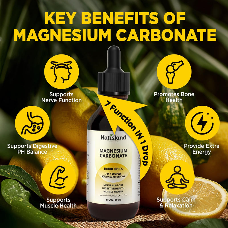 Magnesium Carbonate 500mg Liquid Drops, High Absorption Supplement with Vitamin C, D3, K2, B6, B12, Zinc for Digestive System Health, Nerve & Muscle Function, Vegan, Non-GMO, Lemon Flavor, 2 FL OZ