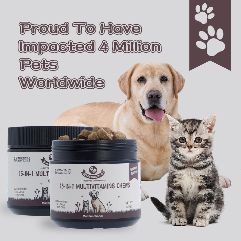 Best Buddy Multivitamin 15-in-1 Treats for Dogs I Cats, Complete Health Supplement Joint Support + Digestive Enzymes, Grain Free Dog Vitamins and Supplements for Skin & Coat (Bacon/Pork, 225g) Bacon