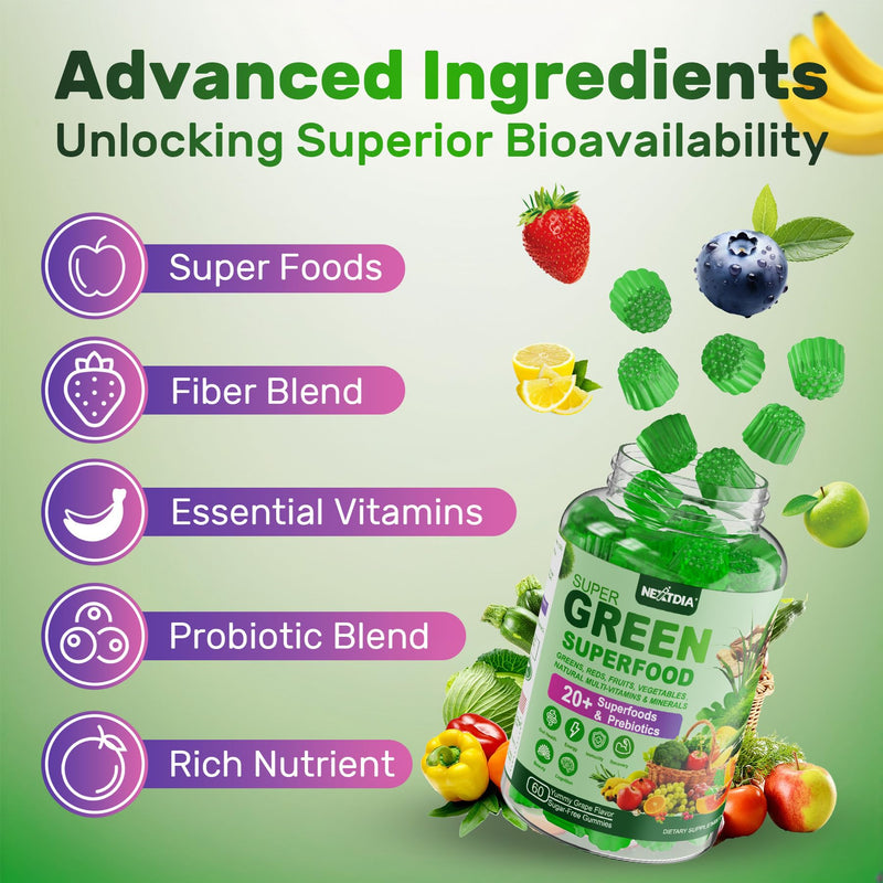 Super Greens Multivitamin Gummies, w/Spirulina, Chlorella, Multivitamins | Greens Superfood Gummies + Prebiotic Fiber, Adaptogens, Adults Vitamins for Gut Health, Immunity, Focus & Energy, 60Cts 60 Count (Pack of 1)