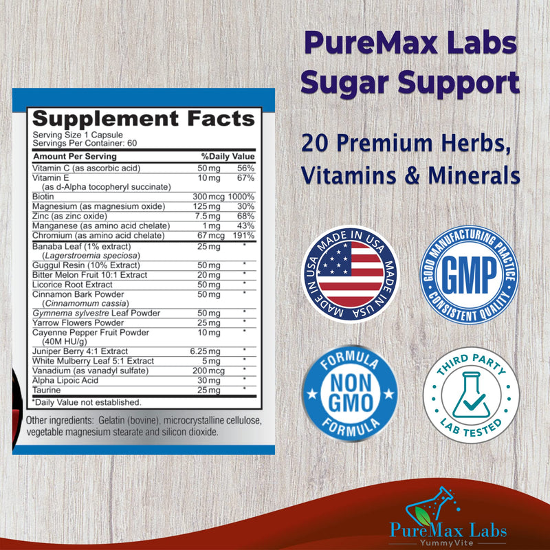 YUMMYVITE Sugar Support Supplement with Cinnamon, Chromium, Mulberry, Alpha Lipoic Acid - 20 Herbs & Vitamins - Non-GMO, 60 Capsules