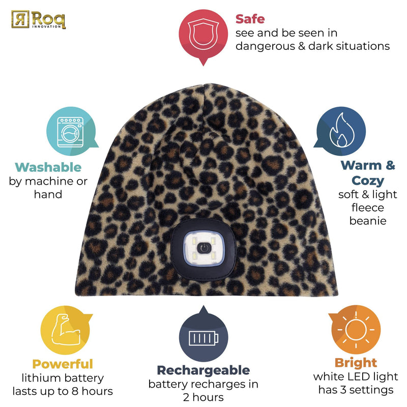HEAD LIGHTZ by ROQ Innovation - Fleece Beanie Hat with LED Light - Cap for Winter Safety, Unisex Fits Men, Women, Kids Headlamp for Dog Walking Leopard