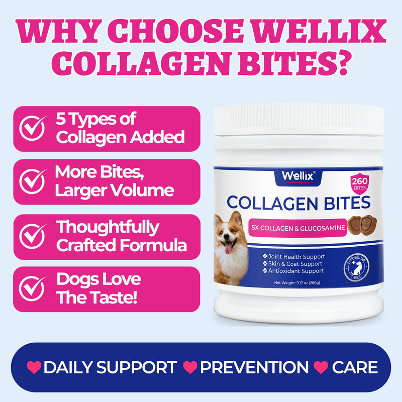 Wellix 9.17 oz Collagen Chews for Dogs, Dog Hip & Joint Supplement with Glucosamine, MSM, Chondroitin, Vitamins, for Joint Health & Mobility Support, Skin & Coat Health, for Small/Medium/Large Breeds