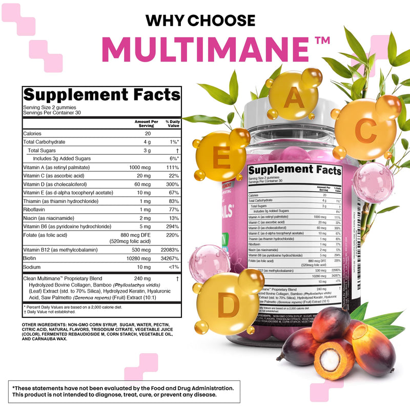 Clean Nutraceuticals Biotin Collagen Keratin Gummies | Hair Skin and Nails Vitamins for Women | Hyaluronic Acid Bamboo Vitamin A C D3 E Folate with Saw Palmetto Silica B3 B12 Vegan Gummy 2
