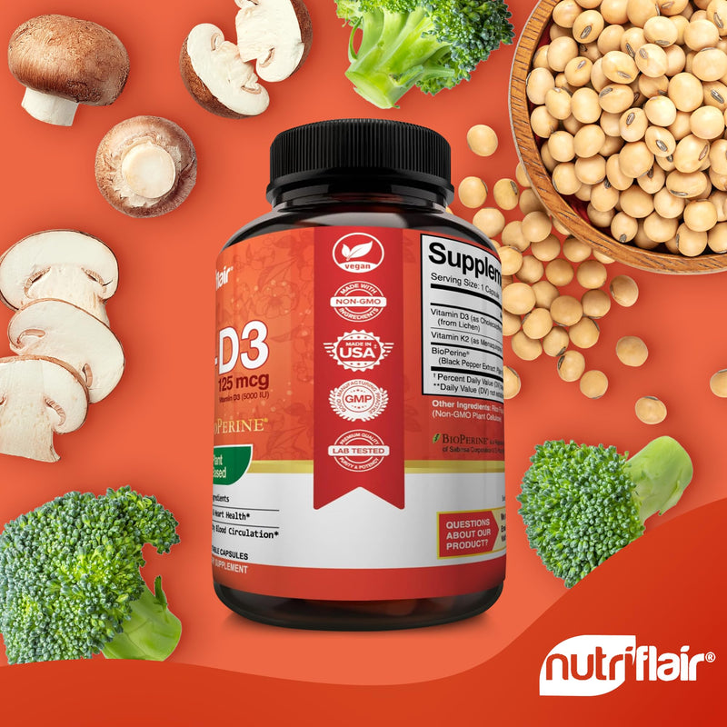 NutriFlair Vitamin D3 + K2-5000 IU D3 / 100 mcg MK7, 90 Capsules | Plant-Based Ingredients, Non-GMO 90 Count (Pack of 1) D3 (5,000 IU) + K2