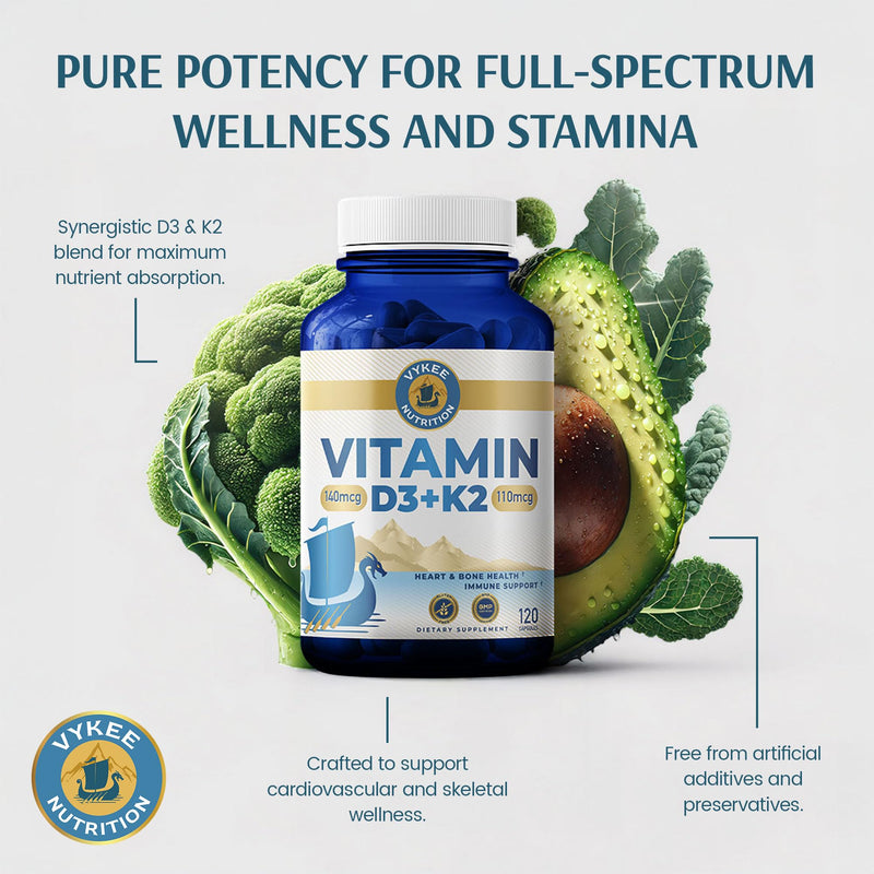 Vykee Nutrition High Potency Vitamin D3 K2 Complex | 140 mcg D3 Vitamin and 110mcg Vitamin K2 (MK-7,Supplement for Bone and Heart Support, Non-GMO, Gluten-Free, 120 Count