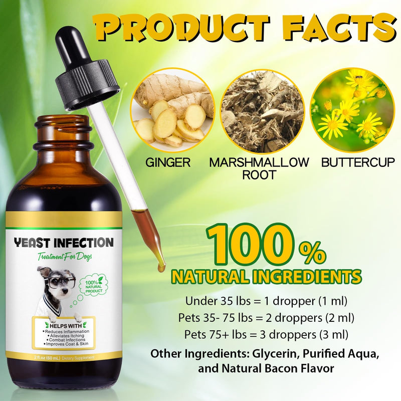 Yeast Infection Treatment for Dogs – Natural Dog Ear Infection & Itchy Skin Relief Drops – Allergy Support, Immune Boost, Bacon Flavour, 60ml – Safe for All Breeds & Sizes