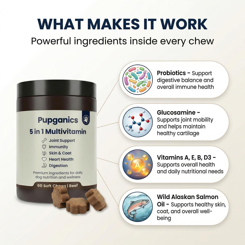 Pupganics Multivitamin Daily Soft Chews for Dogs, 5 in 1 multivitamin for Hip & Joint, Heart Health, Skin & Coat, Digestion & Immune Support, with Probiotics, Glucosamine, Vitamin A/D3/E (Beef) Beef
