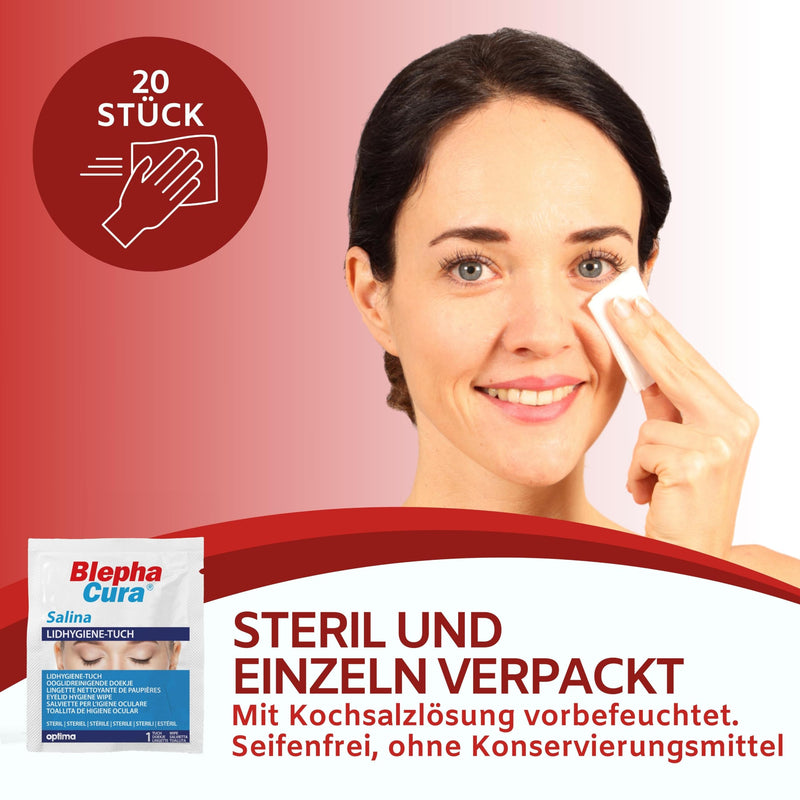 BlephaCura Salina 20x wipes for eye cleaning and eyelid hygiene, 100% viscose, sterile moistened disposable wipes, eye cleaning pads for eye care - BeesActive Australia