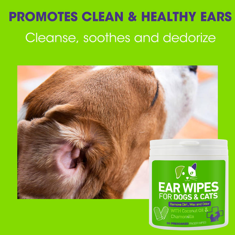 Pet Ear Wipes for Dogs & Cats - Gentle and Effective Ear Cleaning Solution - Remove Dirt, Wax and Odor - 50 Count Dog Ear Relief Finger Wipes