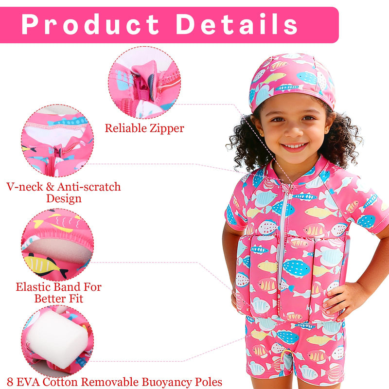 Baby Toddler Girls Boys Float Suit One Piece Rashguard Cartoon Short Sleeve Zip up Buoyancy Swimsuit +Cap 2-3T Pink