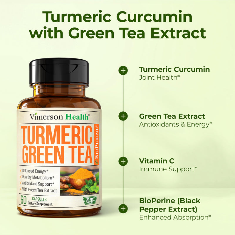 Turmeric Curcumin Supplement with Green Tea Extract (ECGC) & Vitamin C for Joint Health, Energy & Inflammation Balance - Organic Tumeric Curcumin with Black Pepper - Gluten-Free, Non-GMO - 60 Capsules 60 Count (Pack of 1)