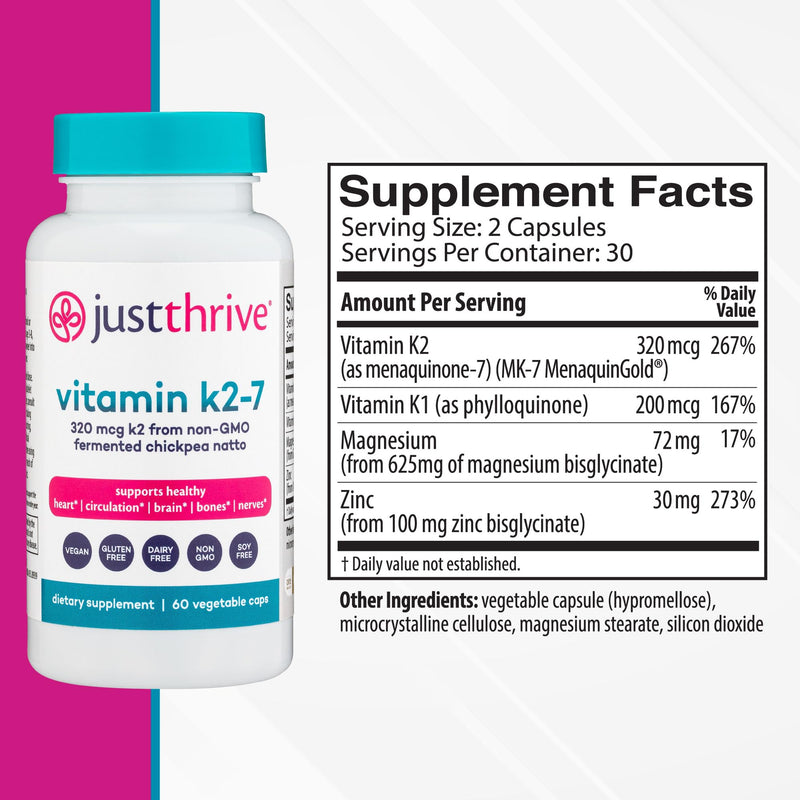 Just Thrive Vitamin K2-7 Supplement for Bone, Brain & Cardiovascular Health | 60 capsules, K2-7 formula, Supports bone strength, brain health, cardiovascular wellness and everyday whole-body vitality