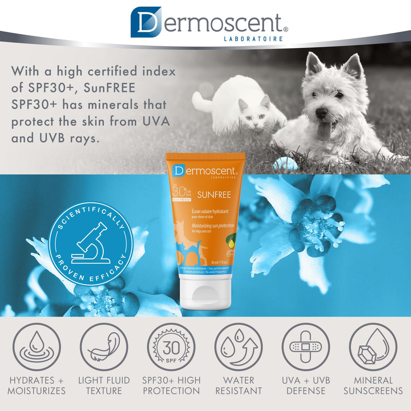 Dermoscent SunFREE SPF30+ Cat & Dog Sunscreen - Safe & Natural Mineral Sunscreen Moisturizing Sun Protection - 30 Ml / 1 Fl. Oz.