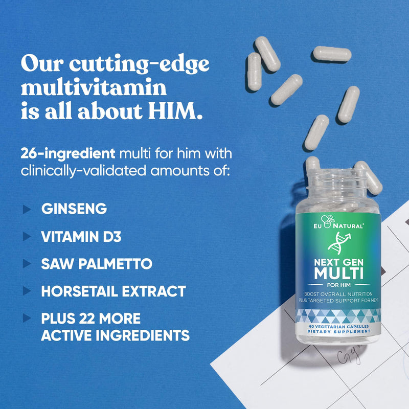 Eu Natural Multivitamin for Men, 26 Essential Ingredients, 60 Veg Capsules | Advanced daily nutrition with 26 essential ingredients to support men's health & vitality