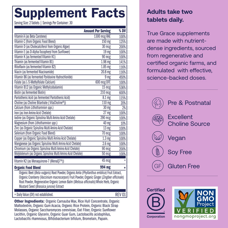 True Grace Prenatal Multivitamin - 30 Servings - Supports a Healthy Mom & Baby with Methylfolate & Choline for Fetal Brain Development - Gluten Free, Soy Free - 60 Vegan Tablets 30 Day Supply