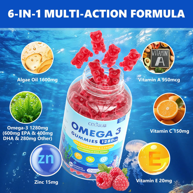 Omega 3 Gummies 1280mg, Omega 3 Supplements for Women, Raspberry,120 Count | Vegan Omega 3 Fatty Acid Supplements, w/EPA 600mg & DHA 400mg &Vitamins - for Brain, Eye, Immune Health, Sugar Free