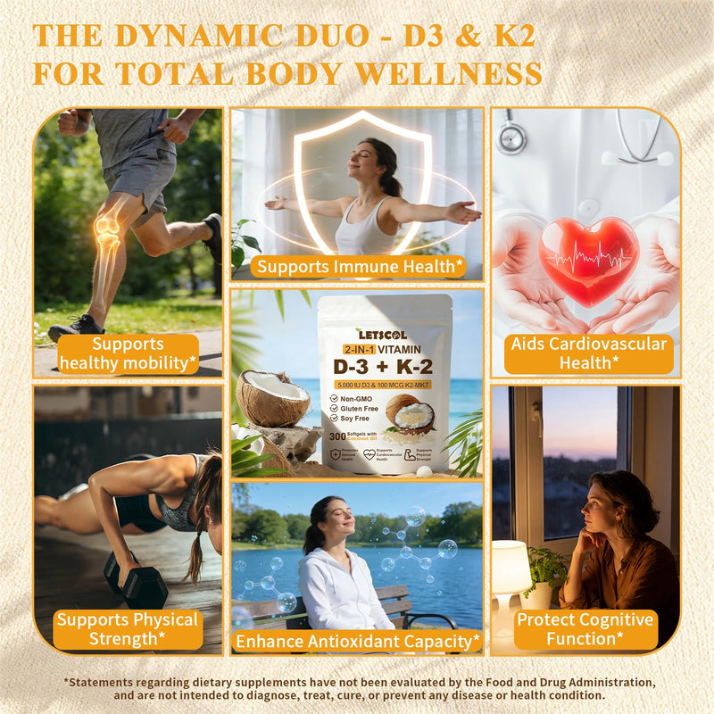 2-in-1 Vitamin D3 K2 Supplement Softgel, Vitamin D3 5000 IU and Vitamin K2 100 mcg, K2 MK7 with D3 Vitamin Supplement Support Immune, Heart, Teeth Health 300 Count (Pack of 1) 5,000 IU D3 & 100MCG K2 Softgels