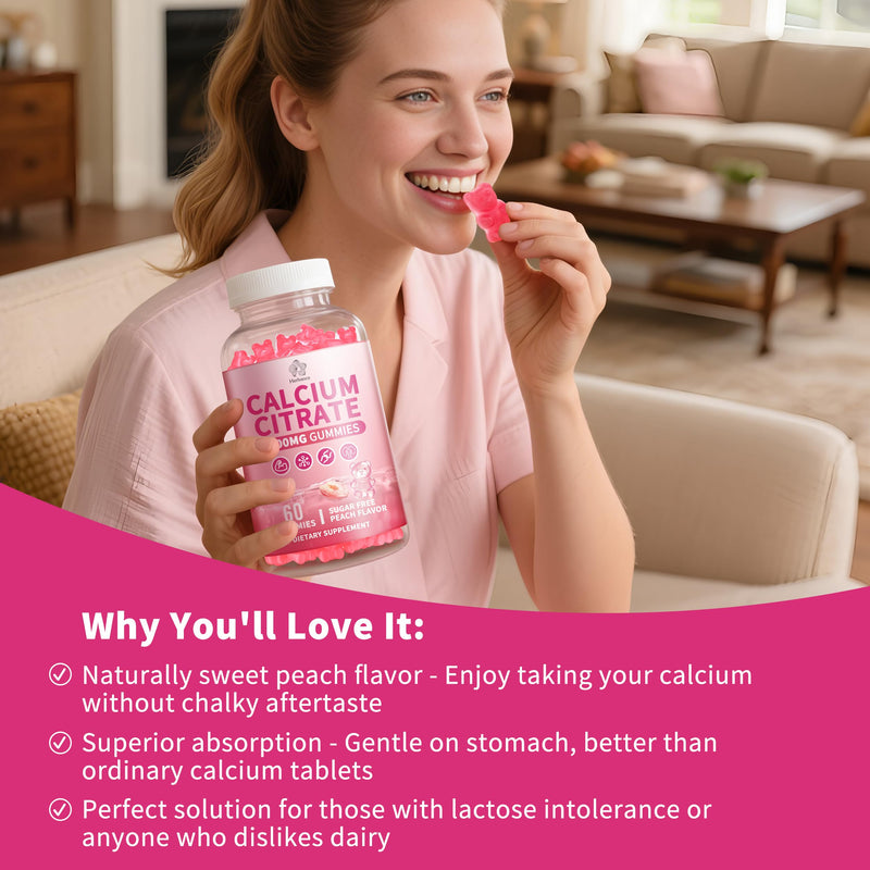 Pure Calcium Citrate 1200 mg Gummies for Adults Kids, High Absorption Calcium Supplements for Women & Men, Sugar Free, Non-GMO, Gluten Free, Supports Bone,Teeth,Muscle & Immune - Peach Flavor, 2 pack. 60 Count (Pack of 2)