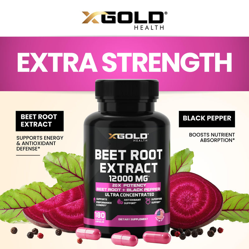 Beet Root Extract Capsules - 12000mg 20x Concentrated Beet Root Capsules Supplement w/Black Pepper - High Nitrates - Natural Nitric Oxide Booster - Highly Concentrated & Bioavailable -180 Veggie Caps