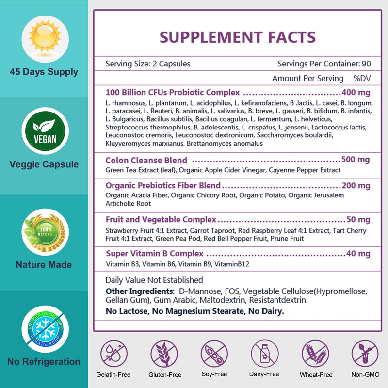 NATURE TARGET Probiotics for Women and Men, 180 Veggie Capsules | Probiotic with Prebiotics, 100 Billion CFUs for Digestive, Gut and Immune Health, 90 Days Supply 180 Count (Pack of 1)