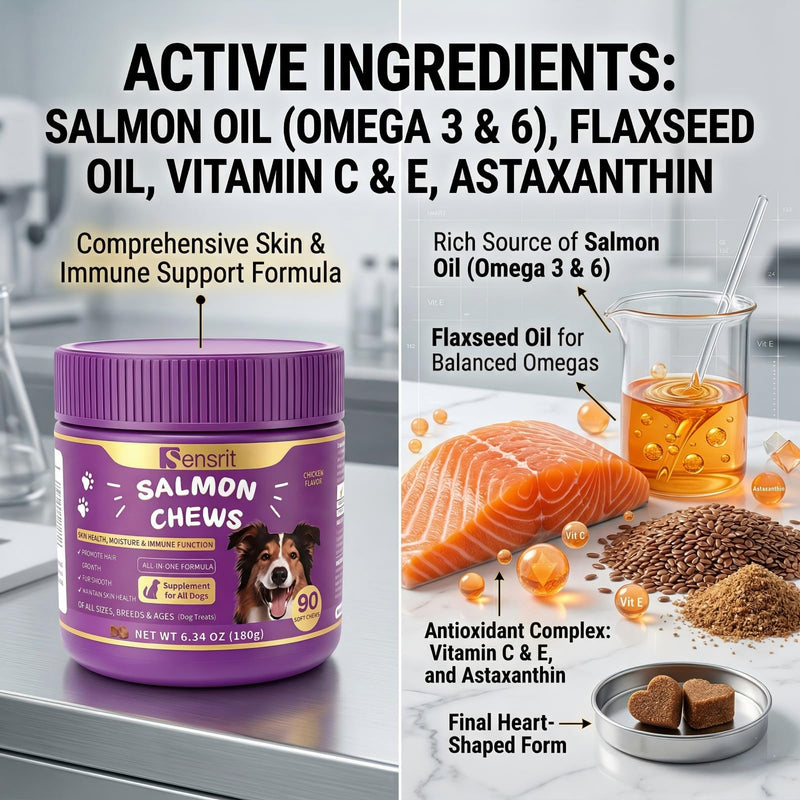 Salmon Oil Chews for Dogs - Omega 3 & 6 Skin and Coat Support with Astaxanthin, Vitamin C & E - 90 Soft Chews - Relief for Itchy Skin, Seasonal Allergies & Shedding - for All Breeds & Ages