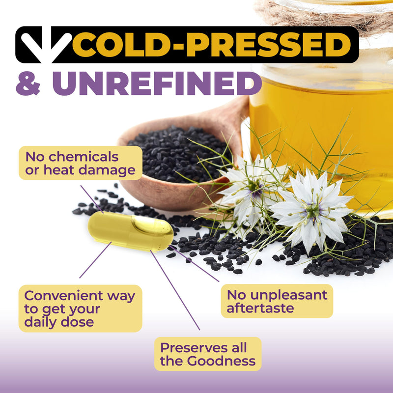 Black Seed Oil - Cold Pressed Black Seed Oil Capsules - Provides Vitamin E & Omega 3 6 9 - High Potency (1500mg) for Immune & Joint Support, Antioxidants, Digestion, Hair Skin Nails - Vegan 90 Caps