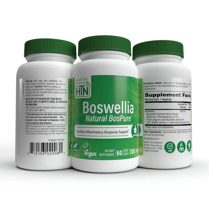 Health Thru Nutrition Boswellia 300mg 60 Capsules as Bospure AKBAMAX | High Potency 75% Boswellic Acids 10% AKBA | Healthy Inflammatory Support | Vegan Certified | Non-GMO, Gluten Free, Soy Free 60 Count (Pack of 1) - BeesActive Australia