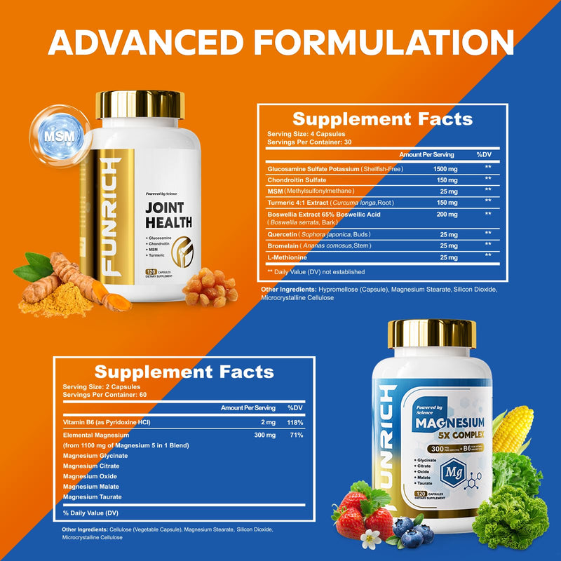 Glucosamine Chondroitin MSM & Magnesium Complex Supplement Set | Glucosamine Complex and Magnesium Complex for Cartilage, Joint Health and Muscle Bone Support- 240 Capsules 120 Count (Pack of 2)