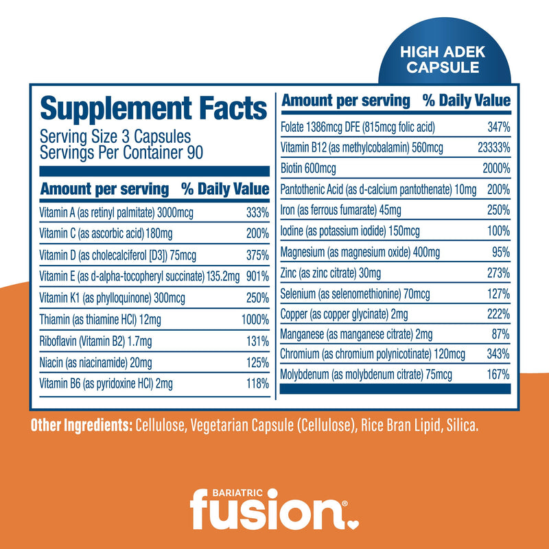 Bariatric Fusion High ADEK Multivitamin Capsule with 45mg Iron | Multi for Duodenal Switch Surgery Patients | Easy to Swallow Vitamin | 270 Capsules | 3 Month Supply
