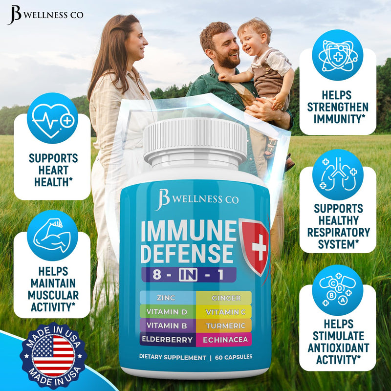 JB Wellness Co Immune Support 8 in 1 Capsules - Zinc Supplement, Vitamin D3, Vitamin C and Elderberry - Immune Booster with Echinacea, Ginger Root, and Turmeric - [2-Pack] 120 Capsules (Pack of 2)