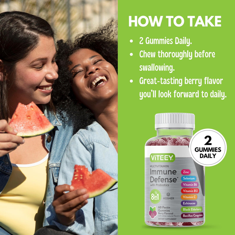 Viteey Multivitamin Gummies 8in1 Immune Support Supplement with Probiotics | Immune Boosters for Adults & Teens - Vegan, Gelatin Free, GMO Free - Chewable Berry Flavored Pectin Immune Defense 60 Count (Pack of 1)