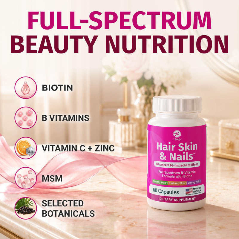 1 Body Hair Skin & Nails with Biotin, Vegan Vitamins, 3 Pack | Support Your Natural Glow. Designed to promote healthy hair, skin, and nails every day.* 60 Count (Pack of 3)