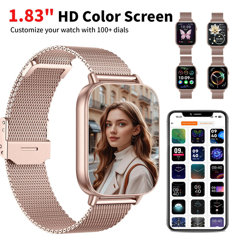 Smart Watch for Women,1.83" HD Smartwatches (Answer/Make Call), IP68 Waterproof Activity Fitness Tracker, HR, Sleep Monitoring, Pedometer, Reloj Inteligente for Android iOS (Rose Gold) Rose Gold